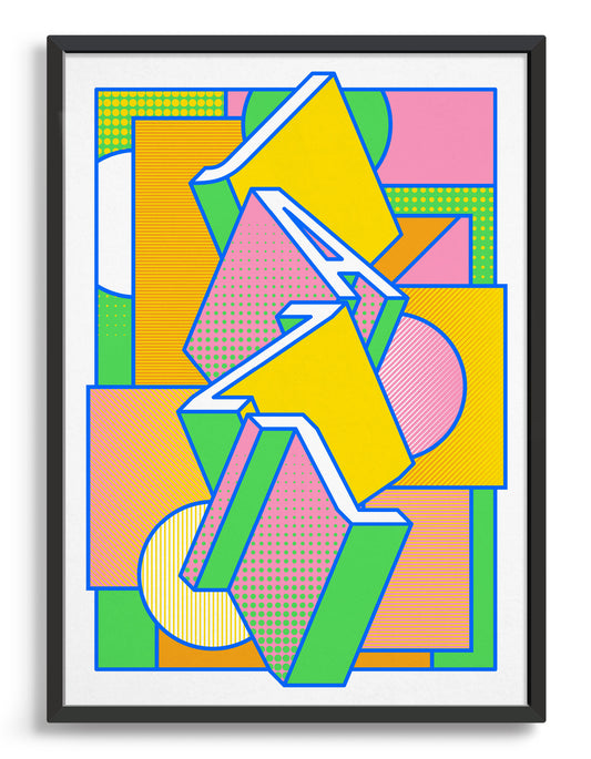 Jazz music art print featuring a geometric abstract pattern in bold shapes and vibrant rainbow colours. Block typography depicts the word Jazz in tumbling text