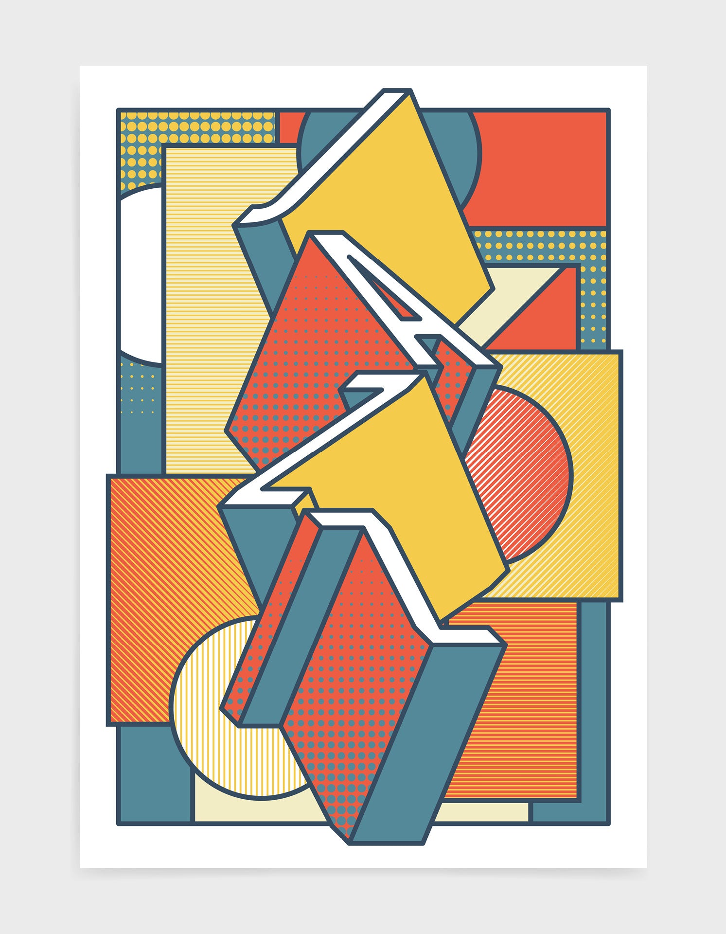 Jazz music art print featuring a geometric abstract pattern in bold shapes and orange tonal colours. Block typography depicts the word Jazz in tumbling text