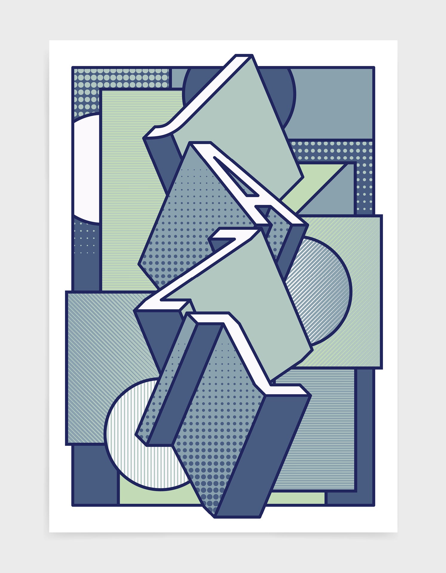 Jazz music art print featuring a geometric abstract pattern in bold shapes and blue tone colours. Block typography depicts the word Jazz in tumbling text
