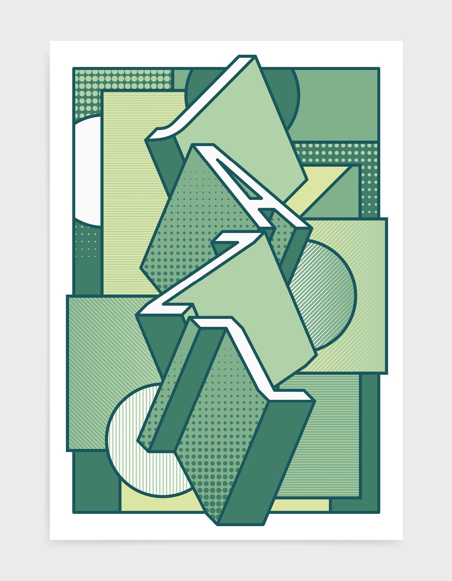 Jazz music art print featuring a geometric abstract pattern in bold shapes and green tone colours. Block typography depicts the word Jazz in tumbling text