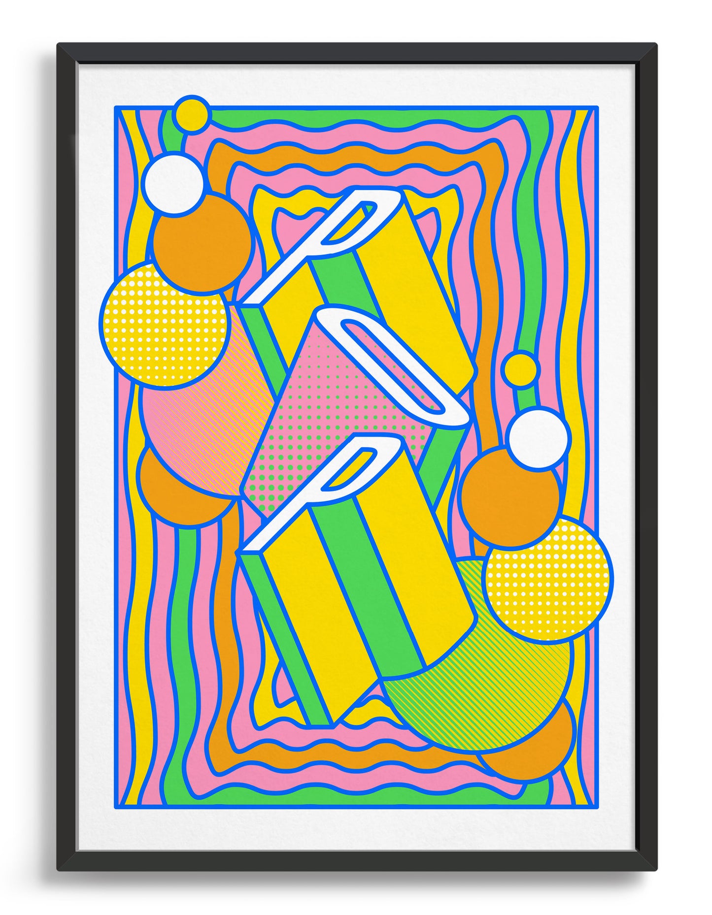 pop music art print featuring a geometric abstract pattern in bold shapes and vibrant rainbow colours. Block typography depicts the word Pop in tumbling text