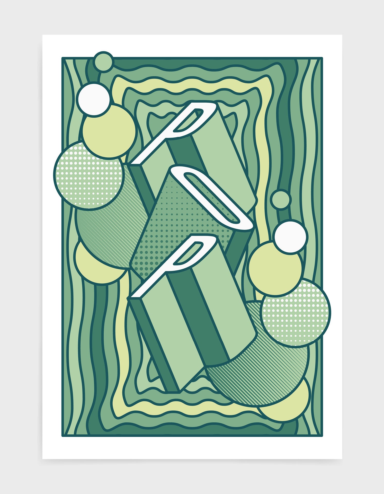 pop music art print featuring a geometric abstract pattern in bold shapes and green tone colours. Block typography depicts the word Pop in tumbling text