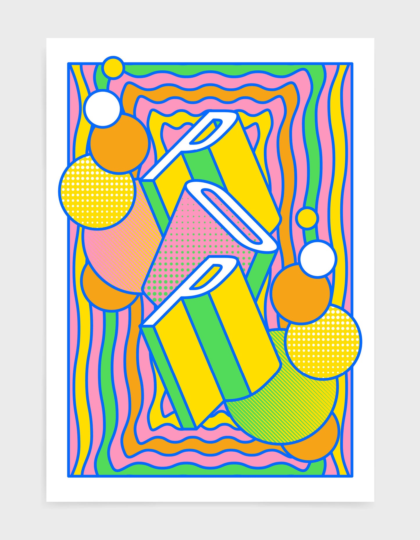 pop music art print featuring a geometric abstract pattern in bold shapes and vibrant rainbow colours. Block typography depicts the word Pop in tumbling text