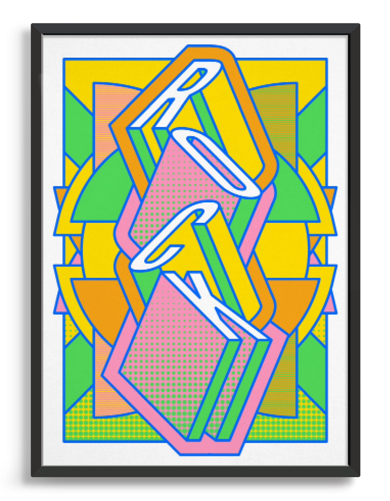 rock music art print featuring a geometric abstract pattern in bold shapes and vibrant rainbow colours. Block typography depicts the word Rock in tumbling text