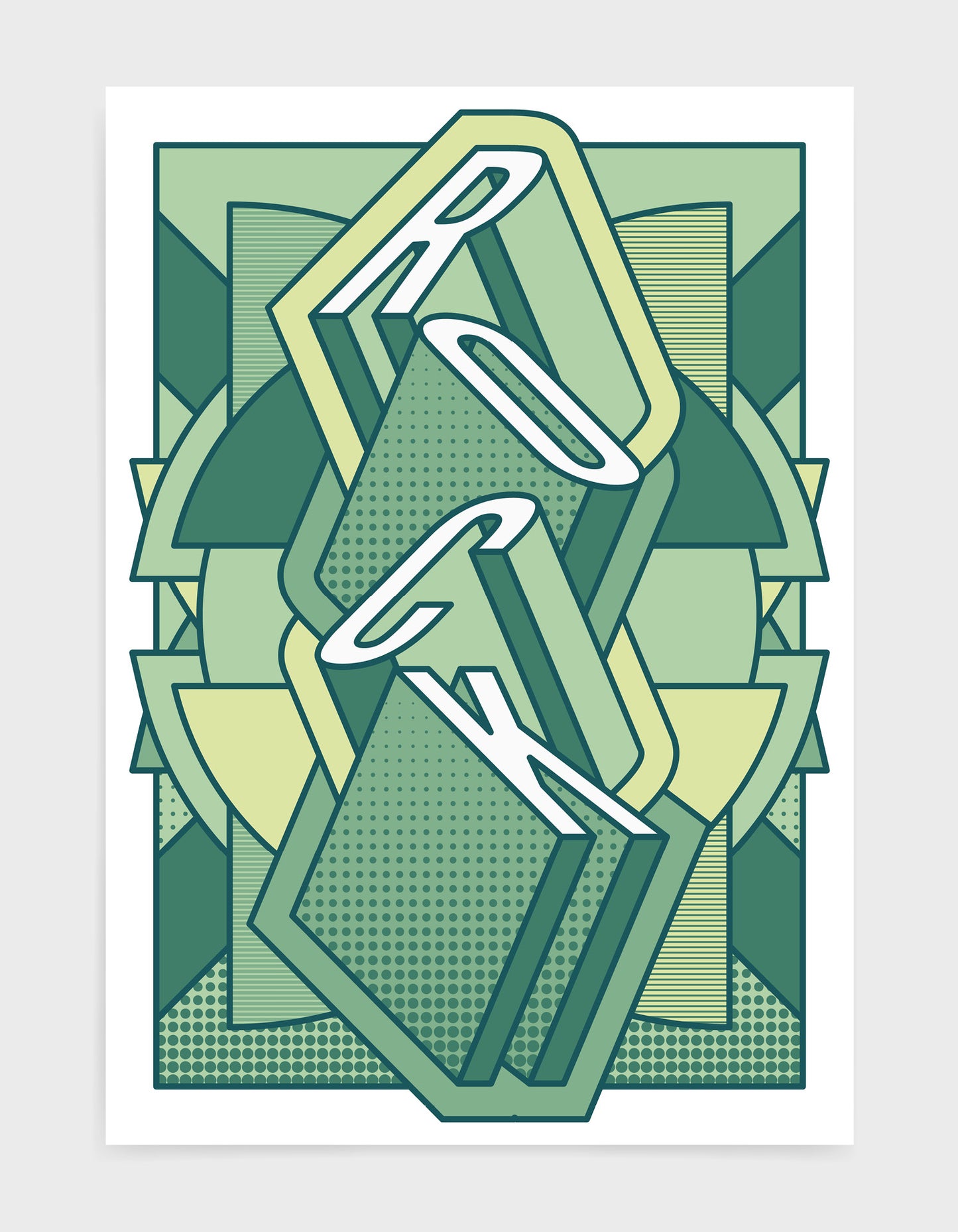rock music art print featuring a geometric abstract pattern in bold shapes and green tone colours. Block typography depicts the word Rock in tumbling text