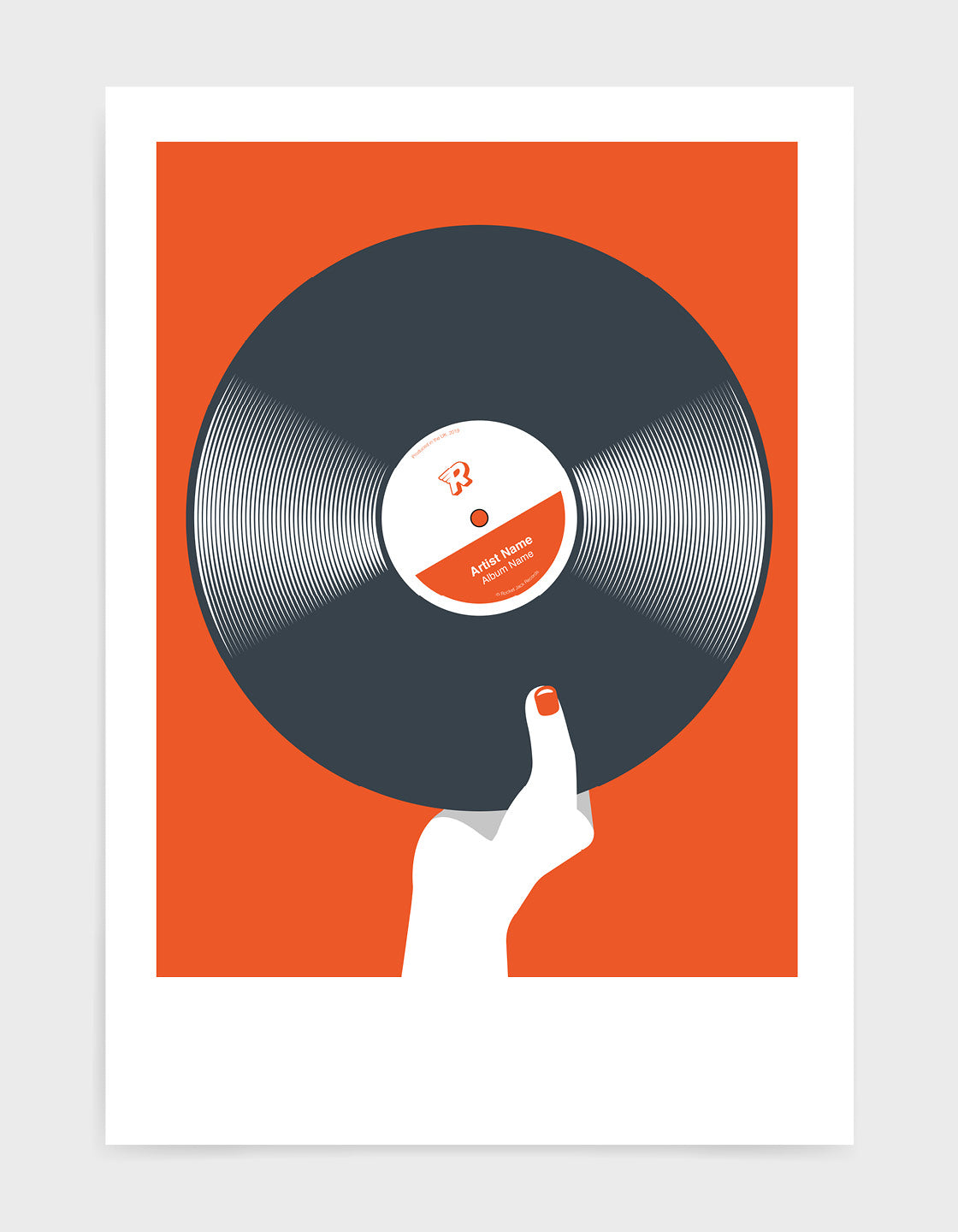 art print image of a Personalised black vinyl record held in a hand with red nails against a orange background