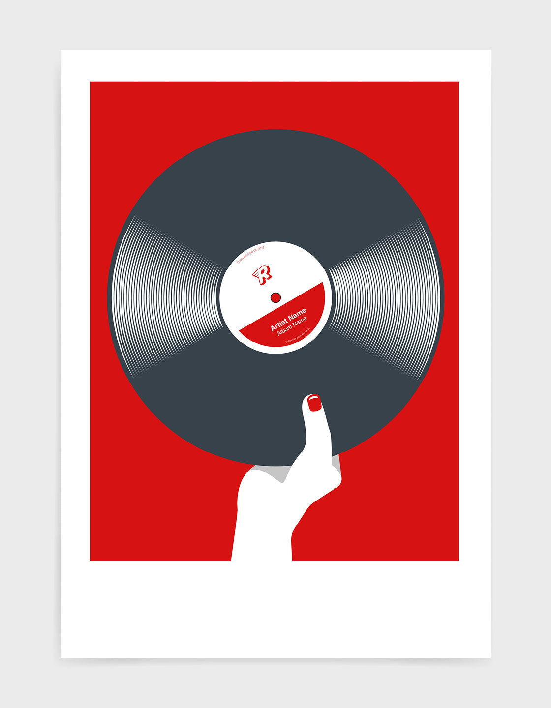 art print image of a Personalised black vinyl record held in a hand with red nails against a red ackground