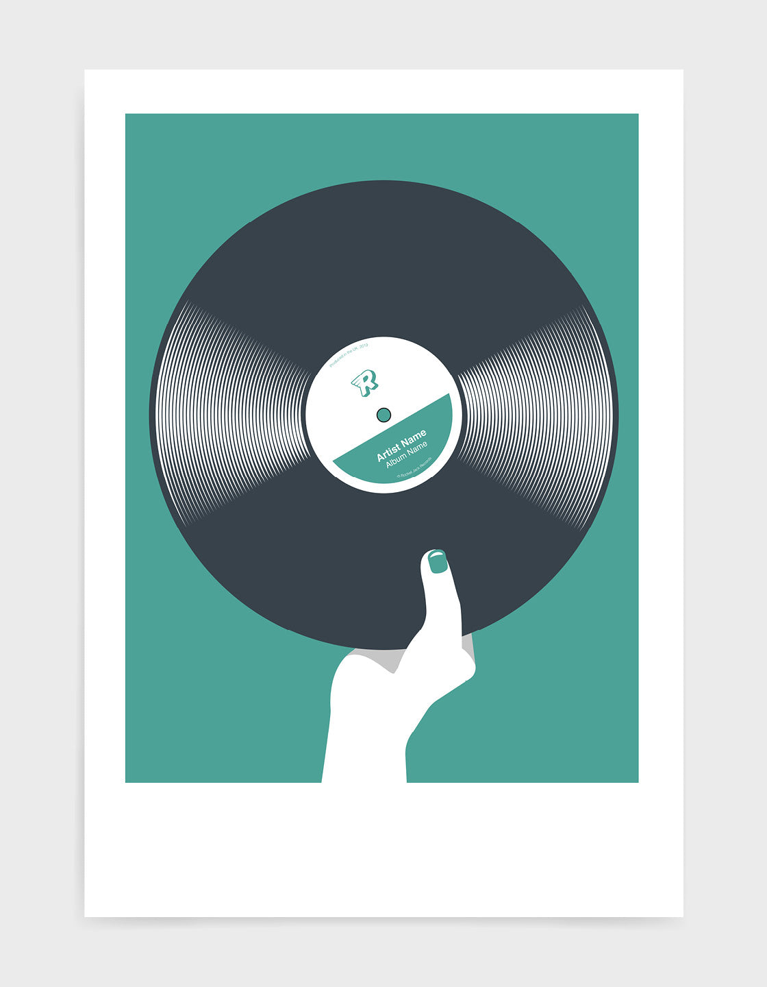 art print image of a Personalised black vinyl record held in a hand with red nails against a green background