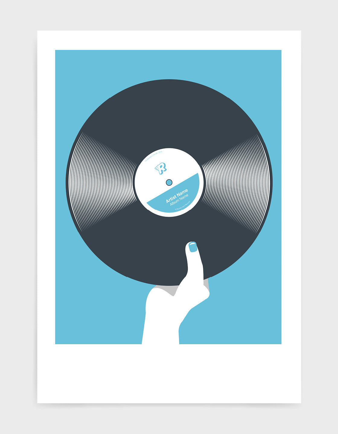 art print image of a Personalised black vinyl record held in a hand with red nails against a light blue background