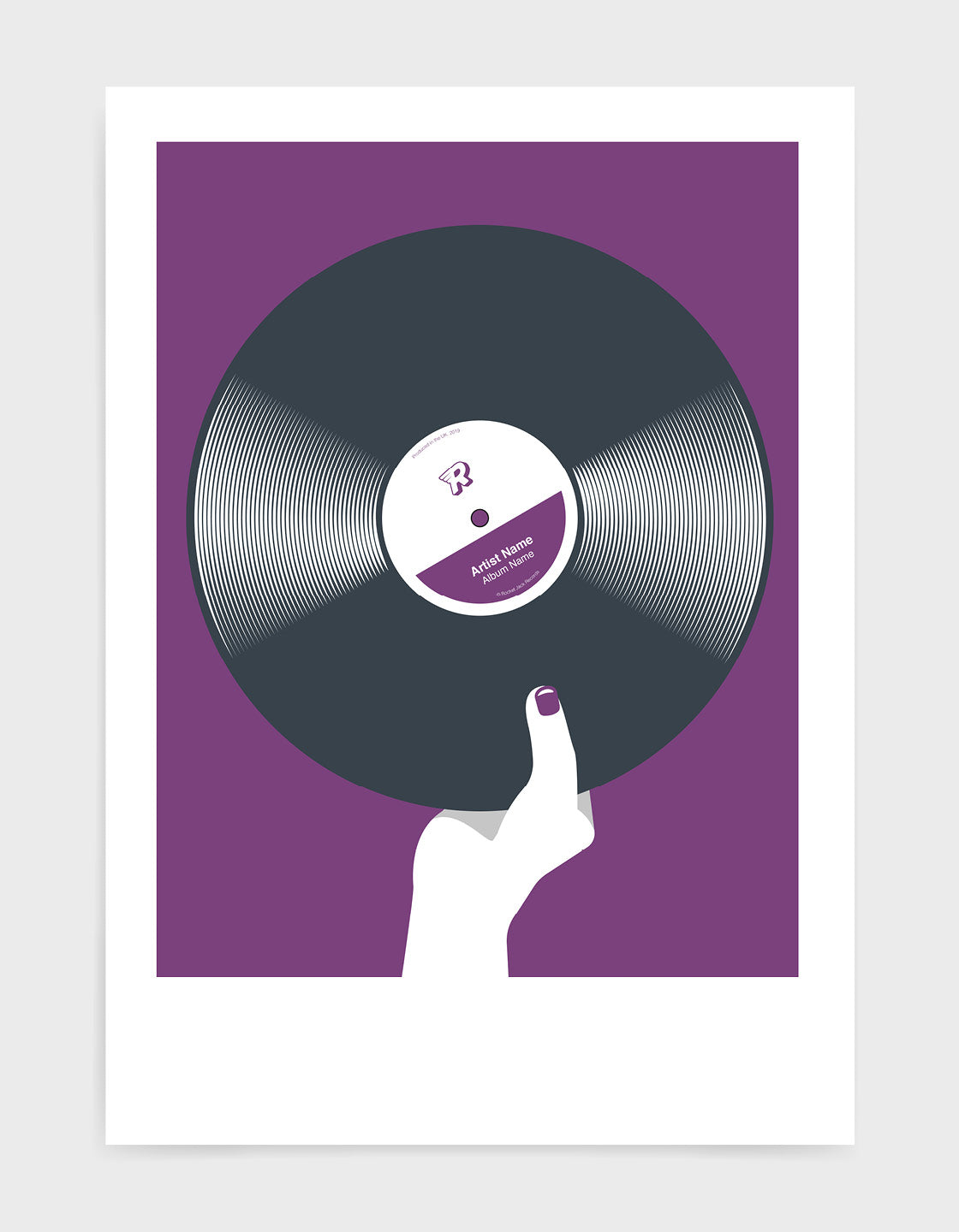 art print image of a Personalised black vinyl record held in a hand with red nails against a violet background