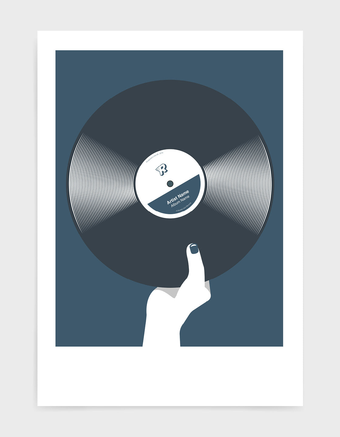 art print image of a Personalised black vinyl record held in a hand with red nails against a dark blue background