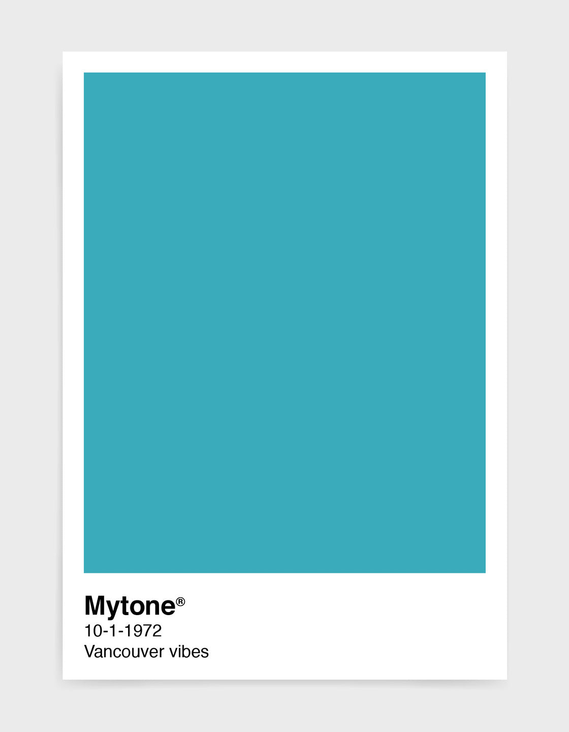 Pantone style art print with custom colour and text image shows turquoise print