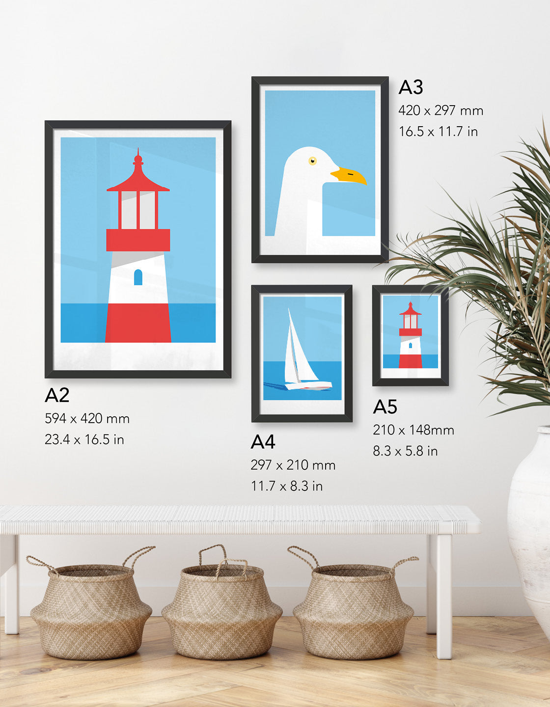 image depicting four different size prints available in the nautical collection; A5, A4, A3 and A2
