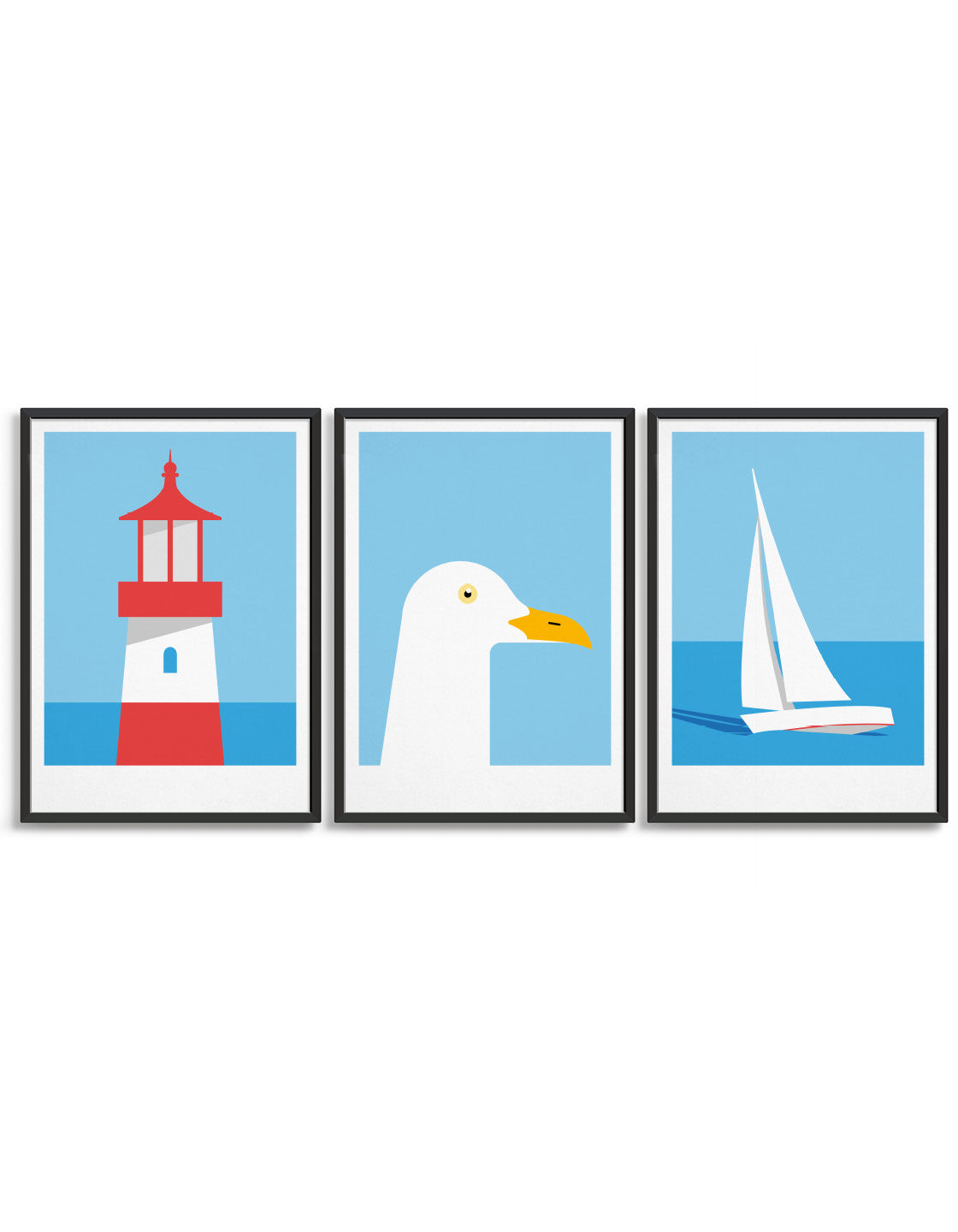 Image of our nautical trio, featuring a red and white lighthouse, a white seagul on a light blue background and a white sailing boat out at sea