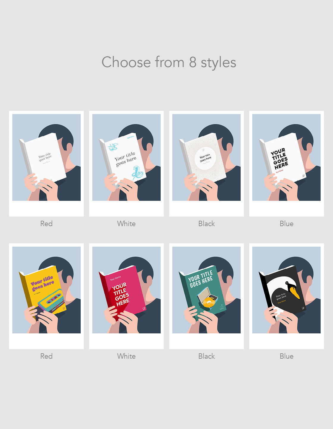 image depicting eight different style prints available in the reading a book collection