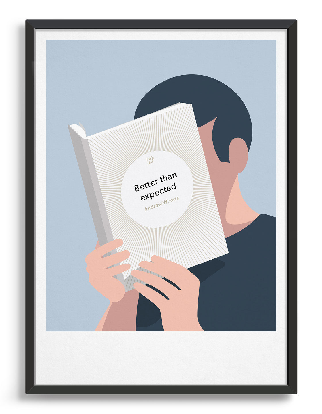 Minimal art print depicting a white person with their head in a book, reading. The book cover can be Personalised, this one has a sunburst design