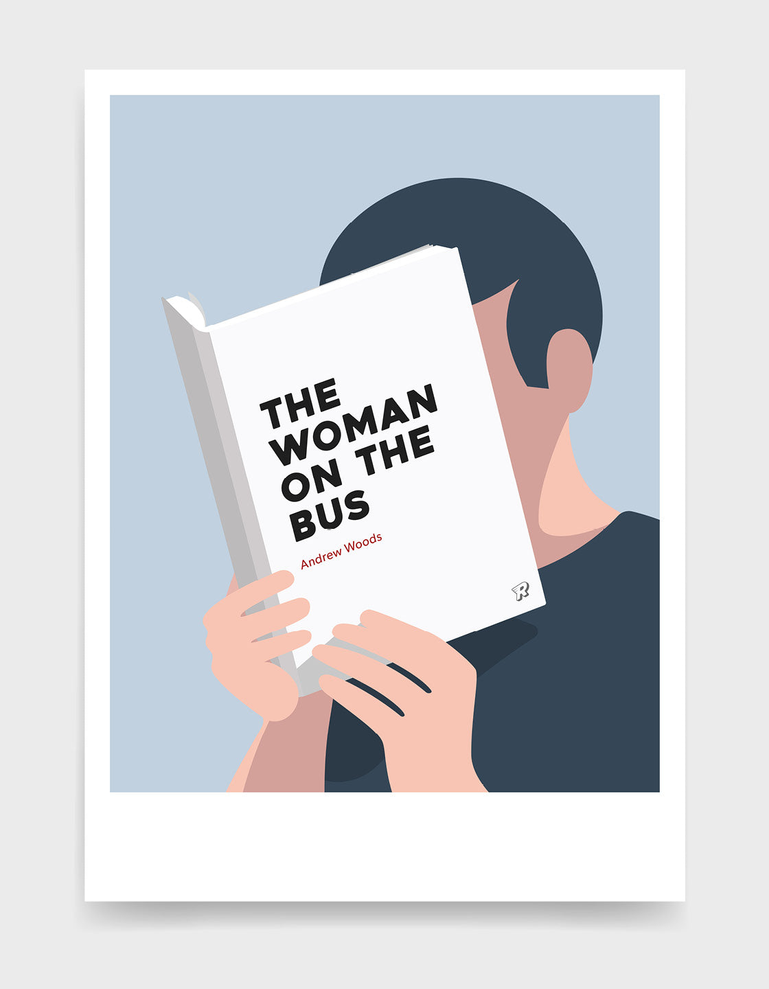 Minimal art print depicting a white person with their head in a book, reading. The book cover can be Personalised, this one has a bold font design