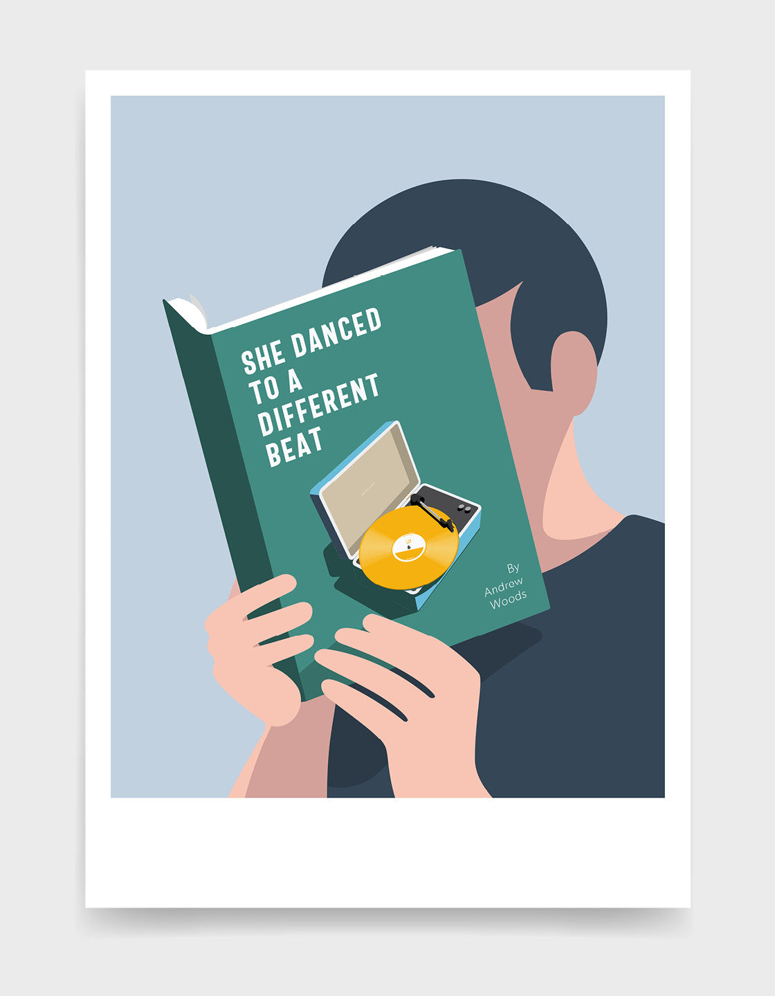 Minimal art print depicting a white person with their head in a book, reading. The book cover can be Personalised, this one has a vinyl music player design