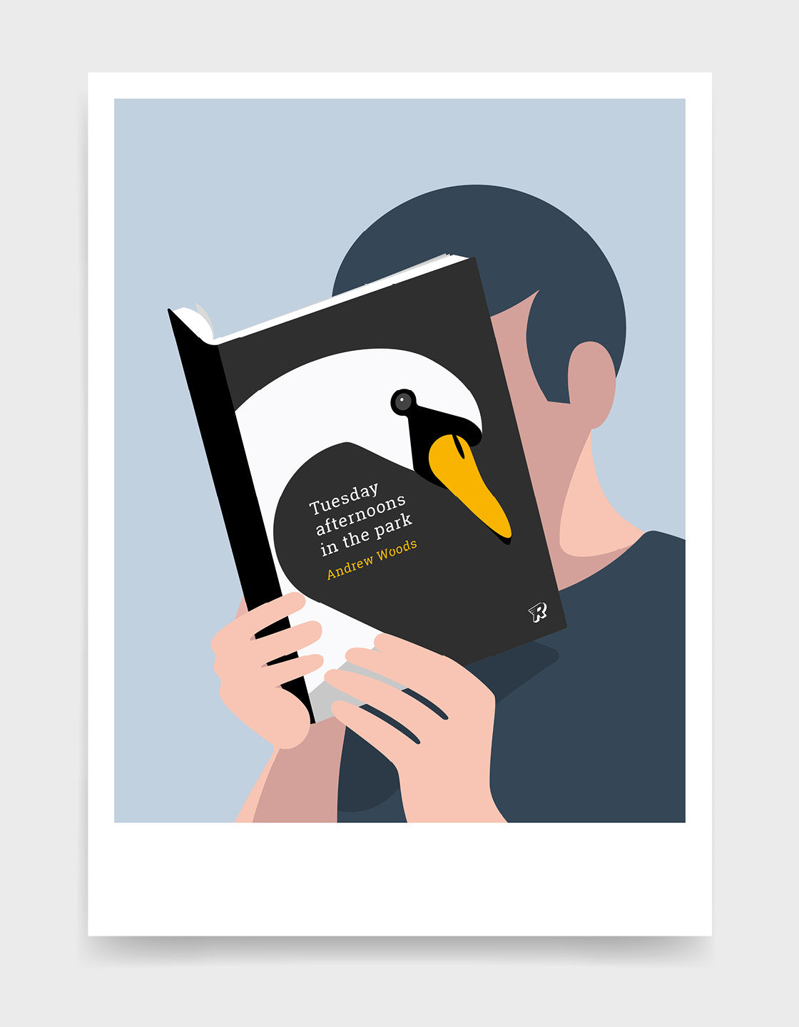 Minimal art print depicting a white person with their head in a book, reading. The book cover can be Personalised, this one has a swan design