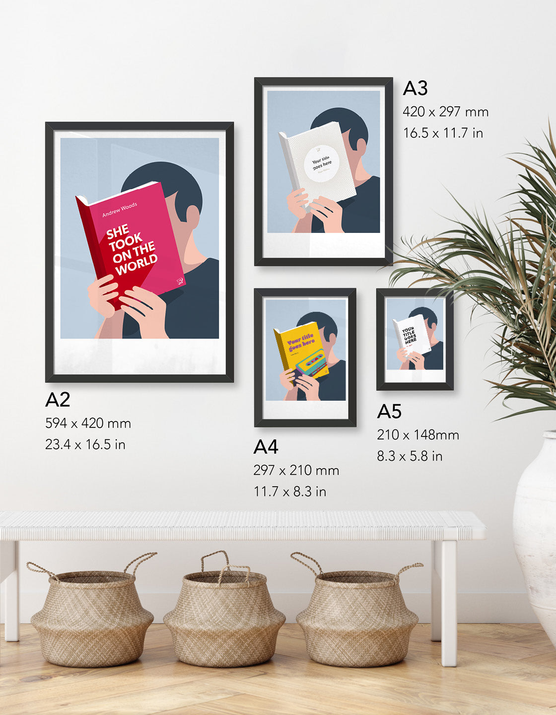 image depicting four different size prints available in the reading a book collection; A5, A4, A3 and A2