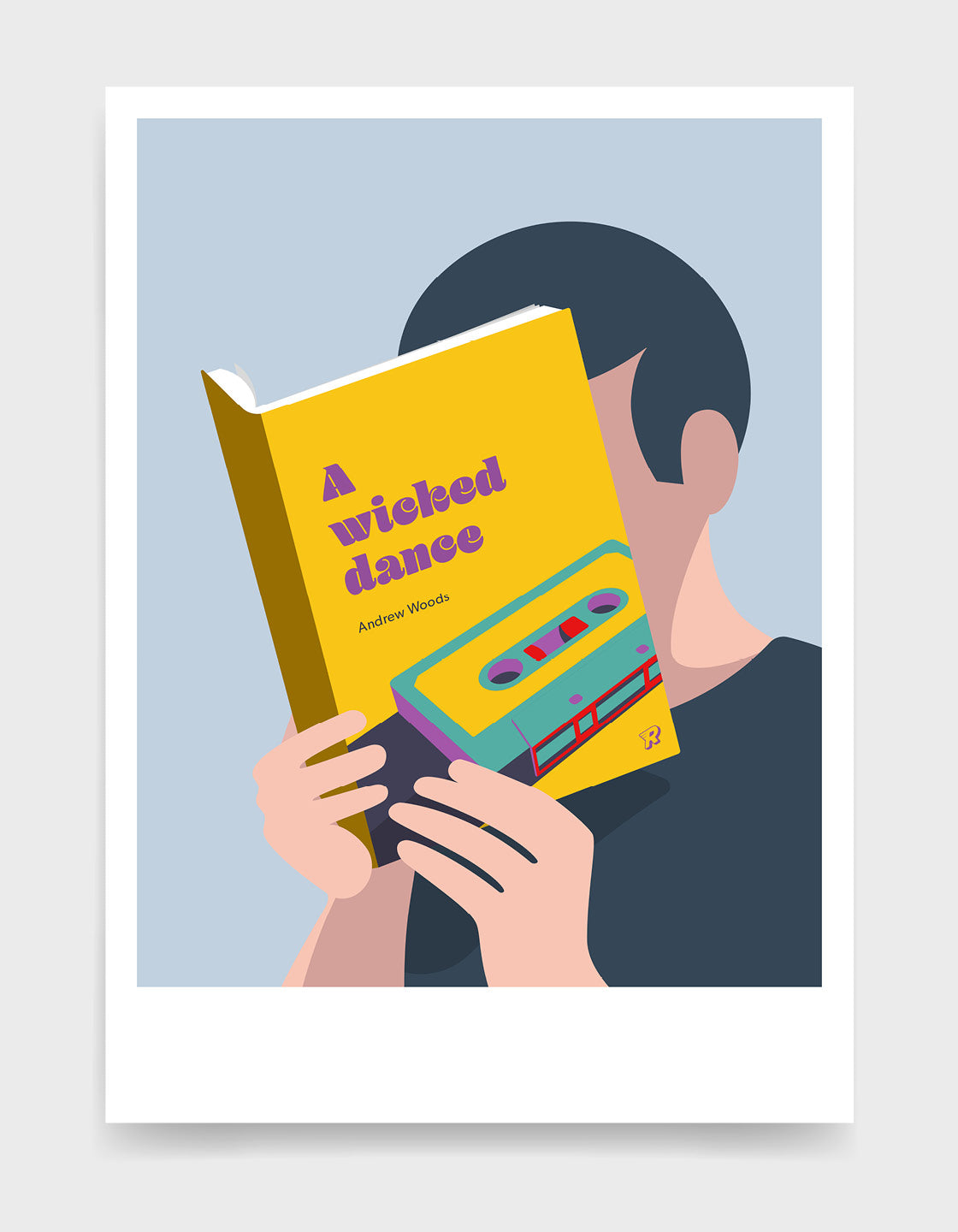 Minimal art print depicting a white person with their head in a book, reading. The book cover can be Personalised, this one has a mixtape design