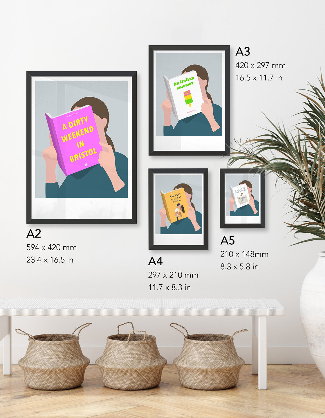 Picture depicts the size options available for this wall art, including A5, A4, A3 and A2