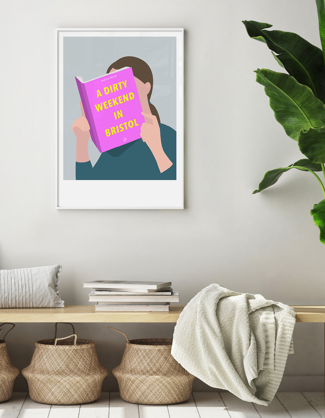 Minimal art print depicting a white person with their head in a book, reading. The book cover can be Personalised, this one has a bright and eye catching design
