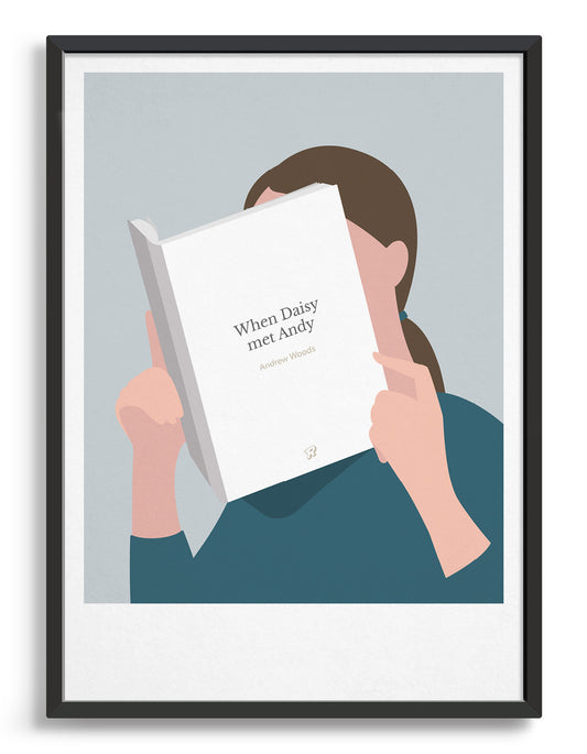 Minimal art print depicting a white person with their head in a book, reading. The book cover can be Personalised, this one has a simple, white design