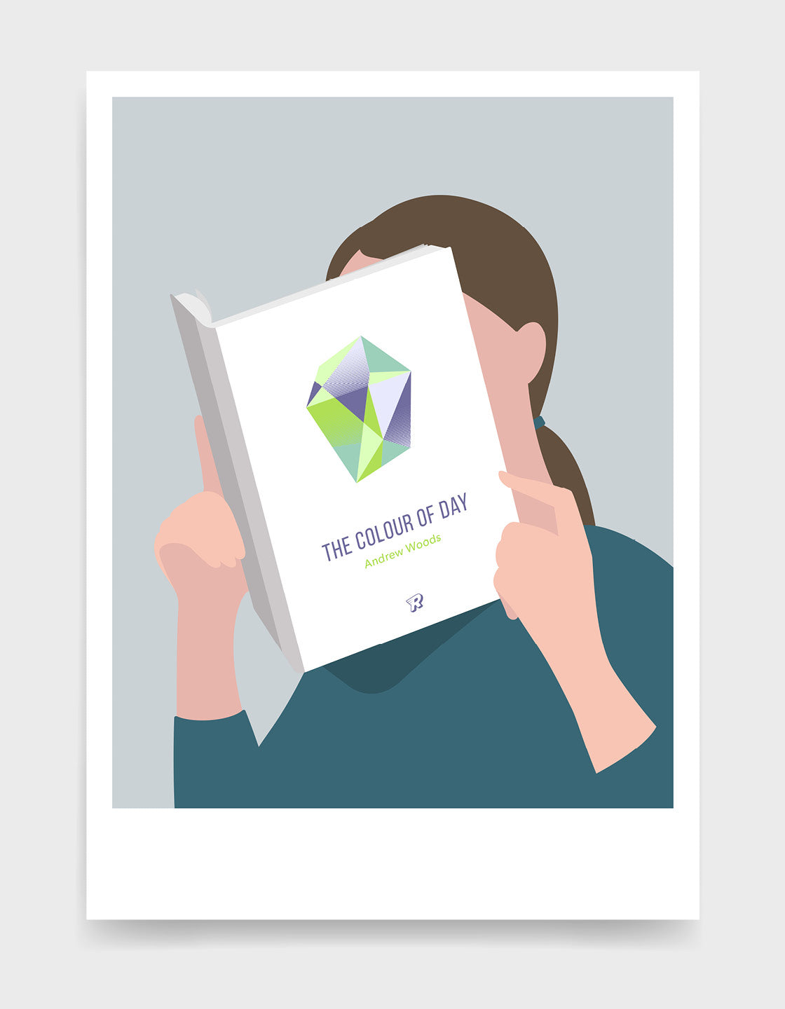 Minimal art print depicting a white person with their head in a book, reading. The book cover can be Personalised, this one has a white design with a large colourful diamond