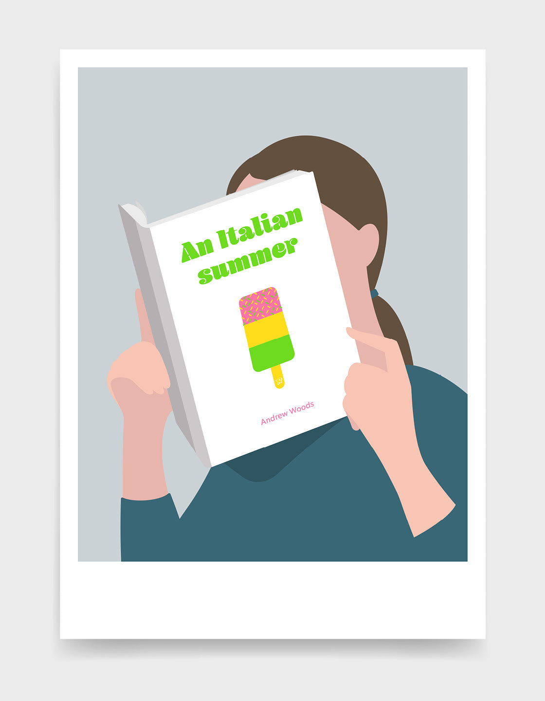 Minimal art print depicting a white person with their head in a book, reading. The book cover can be Personalised, this one has a fun ice lolly design