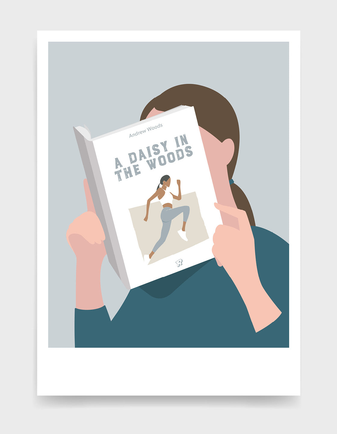 Minimal art print depicting a white person with their head in a book, reading. The book cover can be Personalised, this one has a simple, white design with a slender woman running