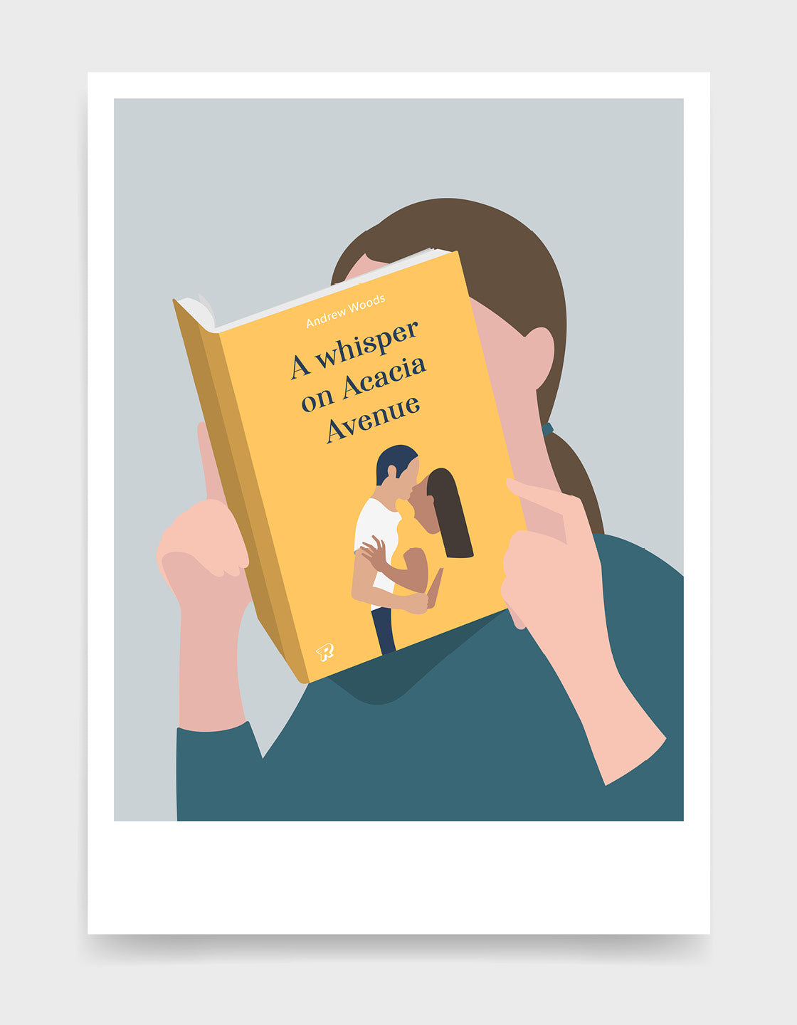 Minimal art print depicting a white person with their head in a book, reading. The book cover can be Personalised, this one has a mustard yellow design with a pair of lovers kissing