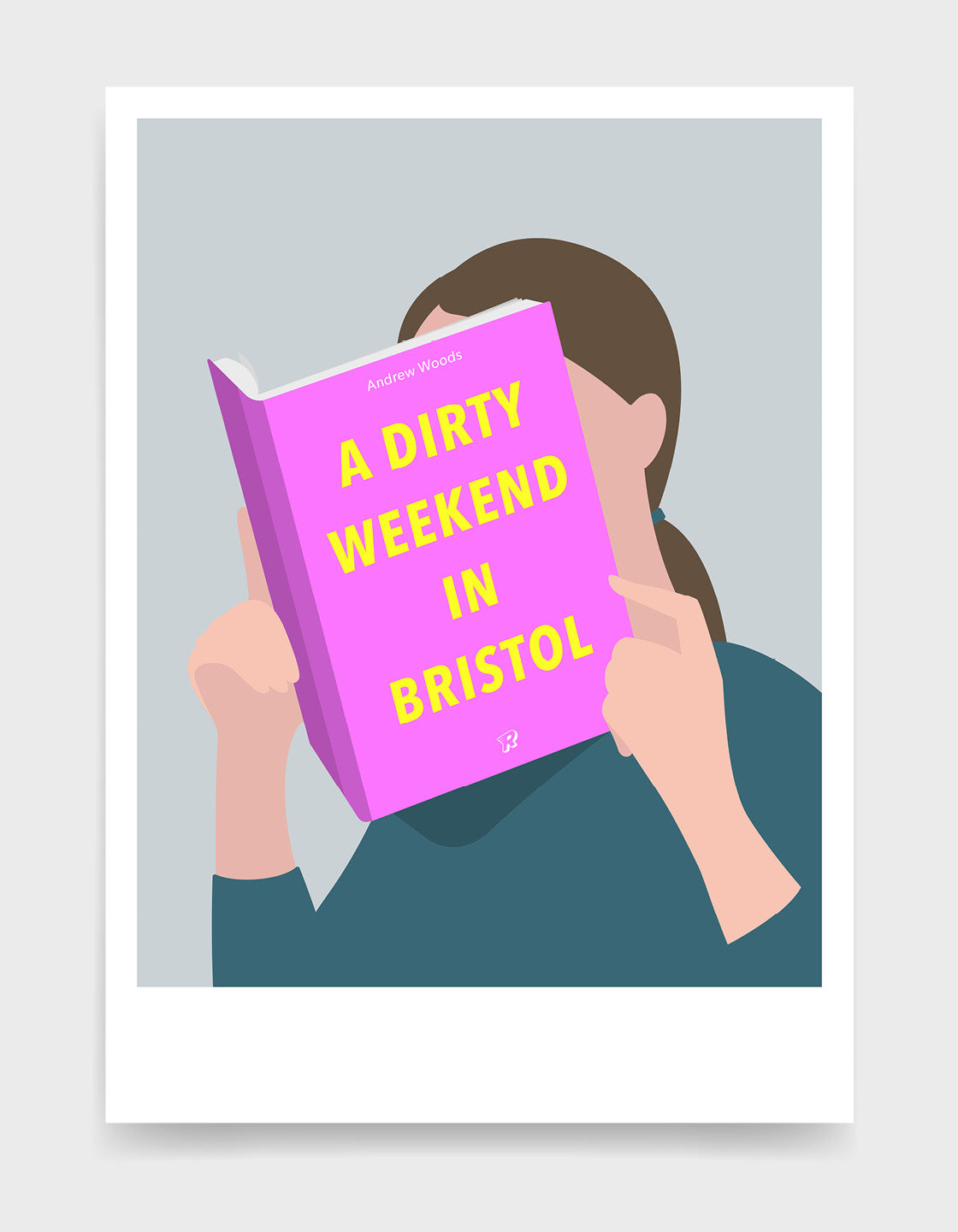 Minimal art print depicting a white person with their head in a book, reading. The book cover can be Personalised, this one has a bright and bold pink design with yellow font