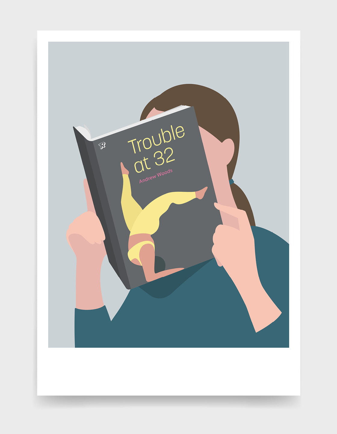 Minimal art print depicting a white person with their head in a book, reading. The book cover can be Personalised, this one has a grey design with a full figured woman doing an upside down yoga pose