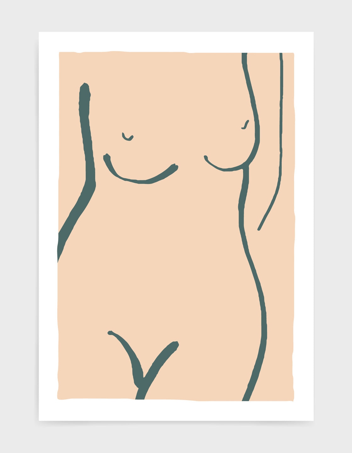 grey line drawing of a naked woman's torso against a salmon pink background