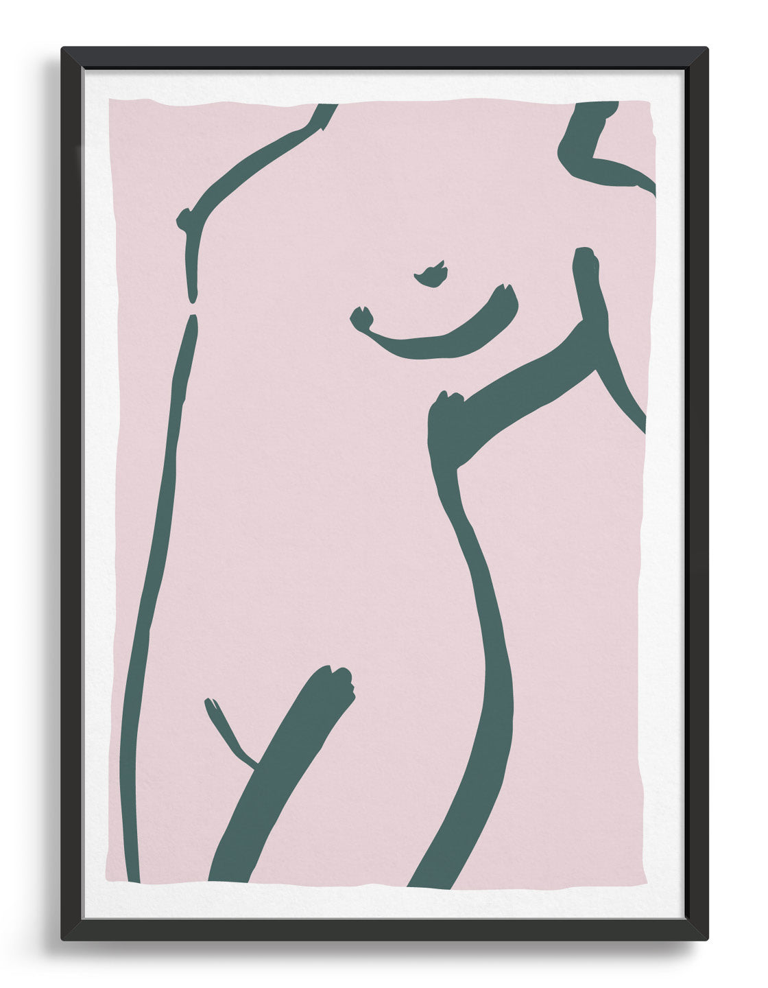 Grey brushstroke line drawing of a reclined female torso on a pink background