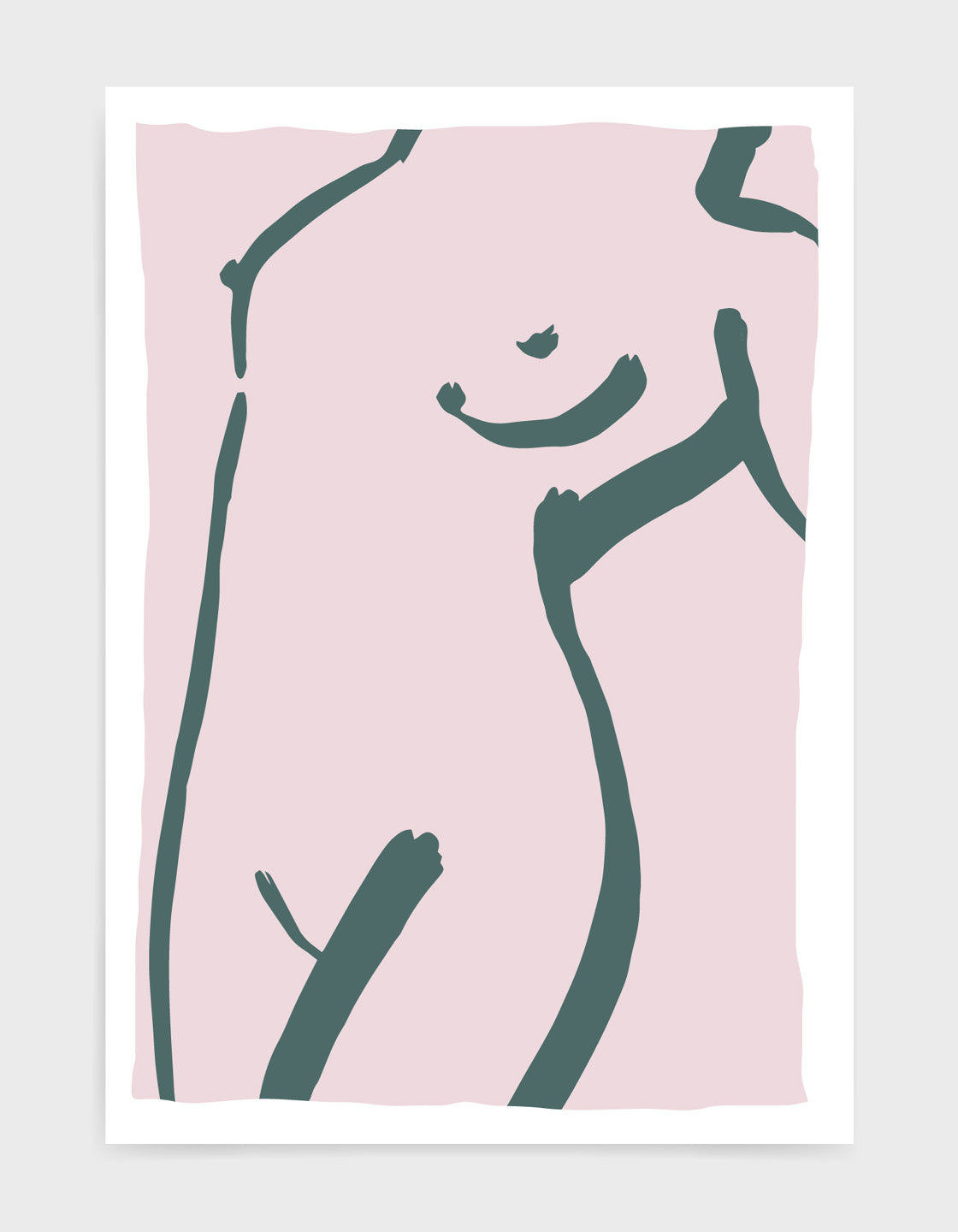 Grey brushstroke line drawing of a reclined female torso on a pink background