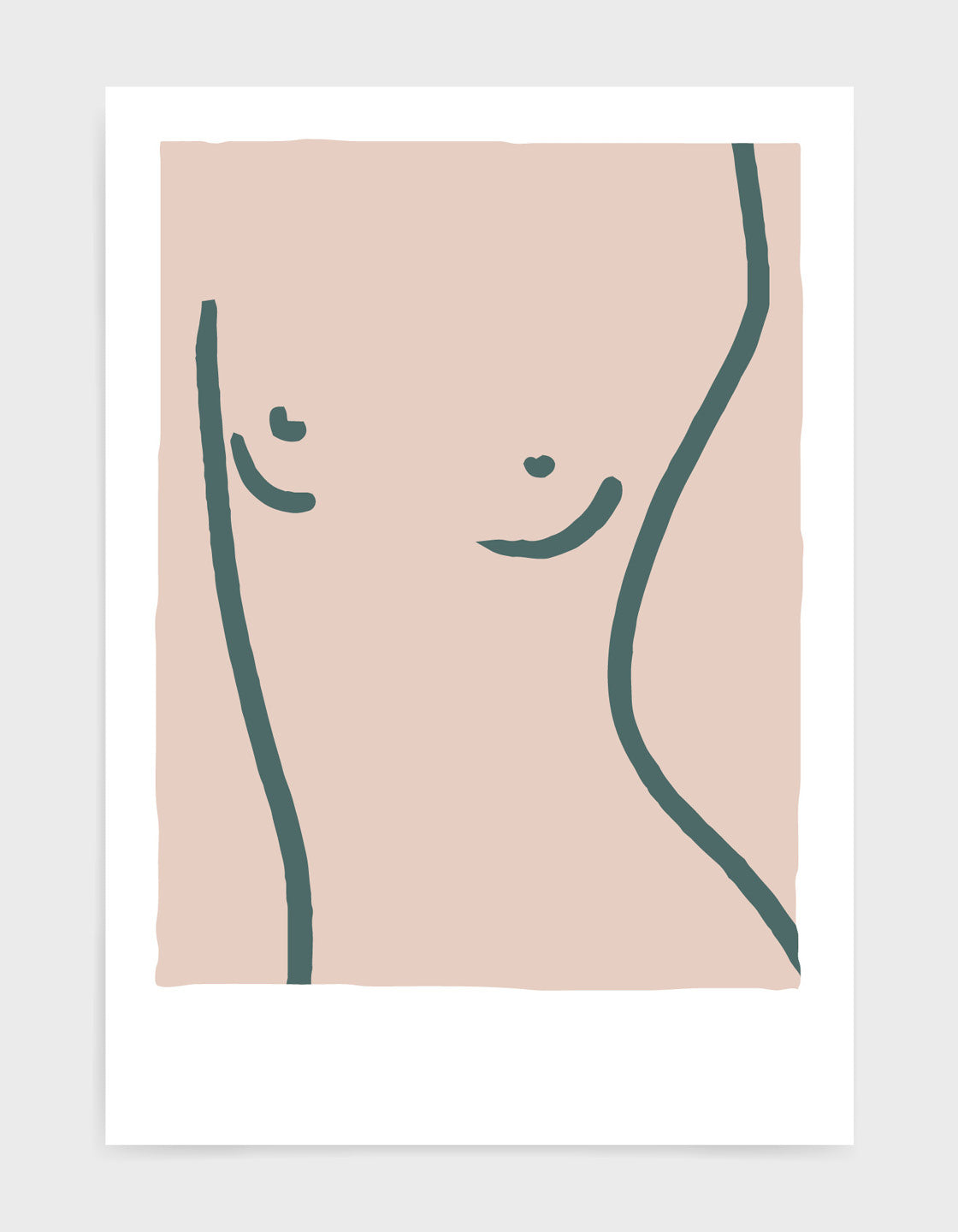 super simpl line drawing in grey against a pink background of a woman's torso and breasts