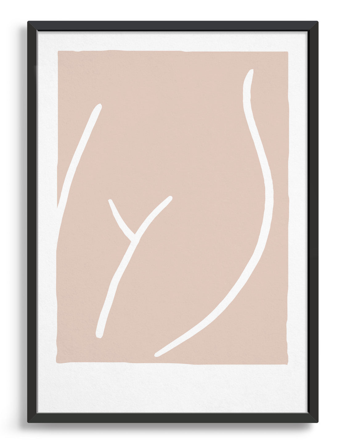 Line drawing in white of a woman's waist and upper legs against a pink background