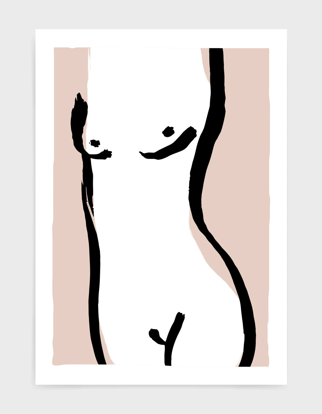 simple line drawing of a female nude body against a light pink background