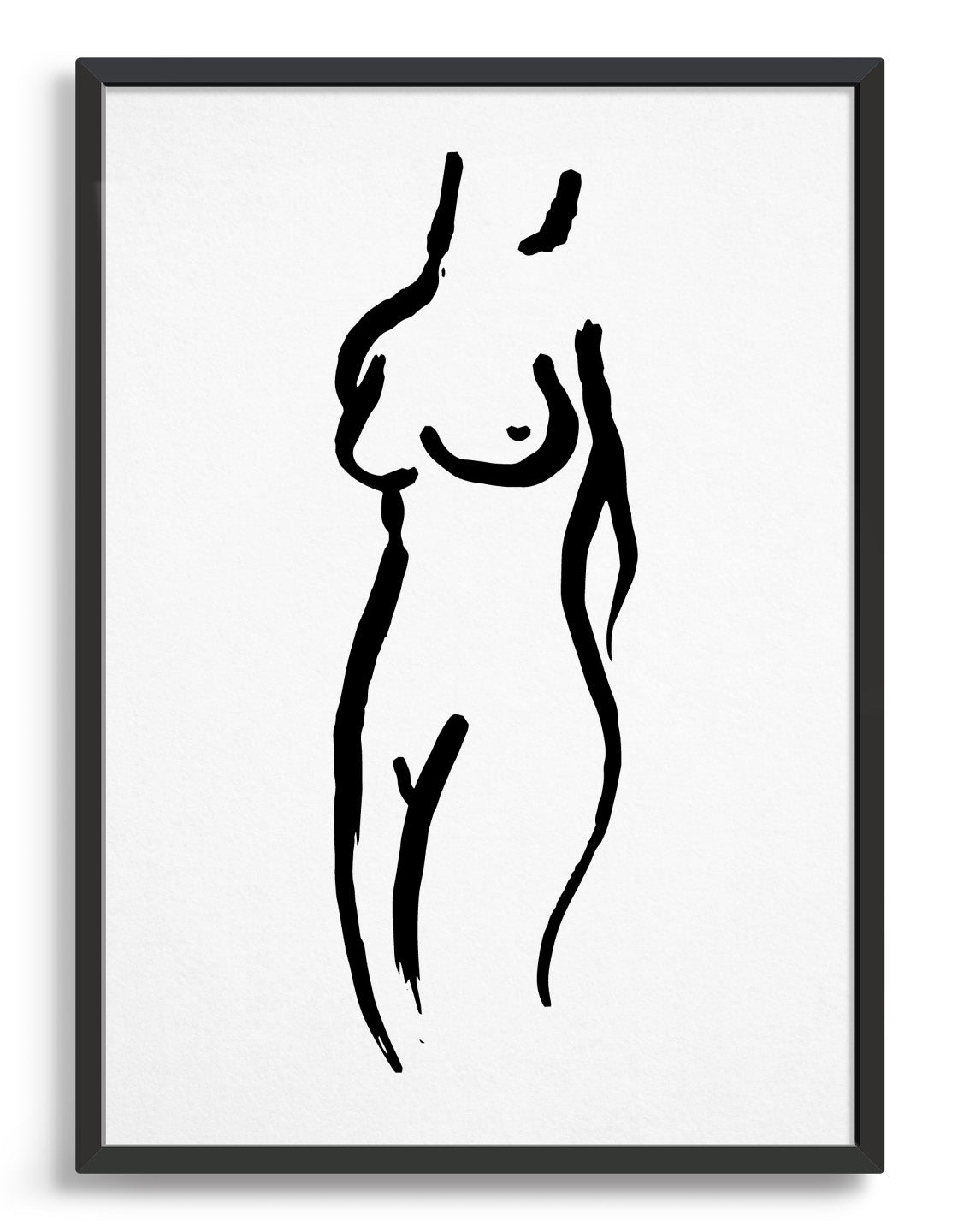 hand drawn black line drawing of a female torso, neck and upper legs against a white background
