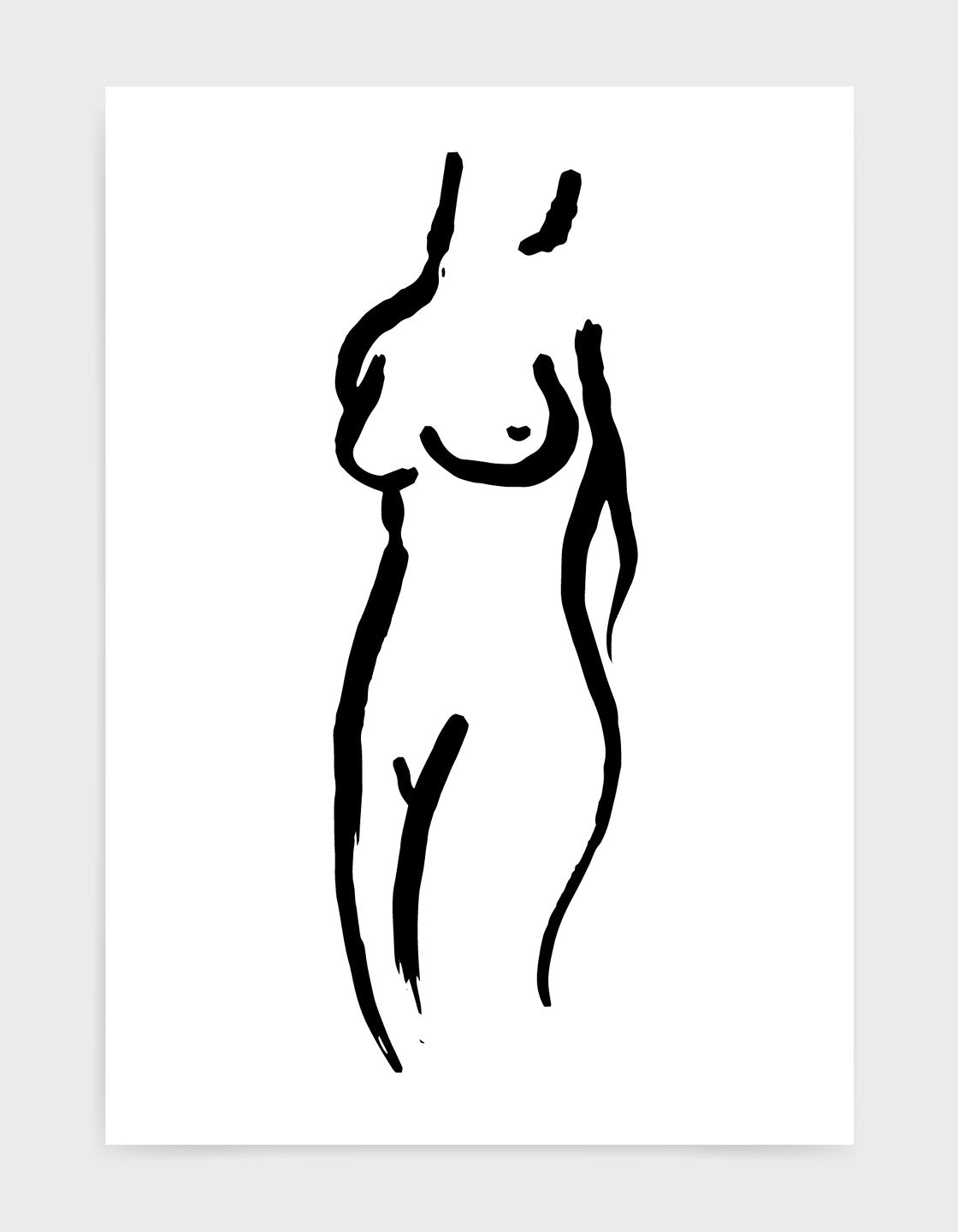 hand drawn black line drawing of a female torso, neck and upper legs against a white background