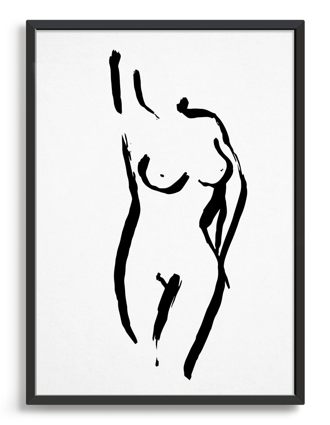 black line drawing of a nude woman in a pose with one arm over her head and another on her hip