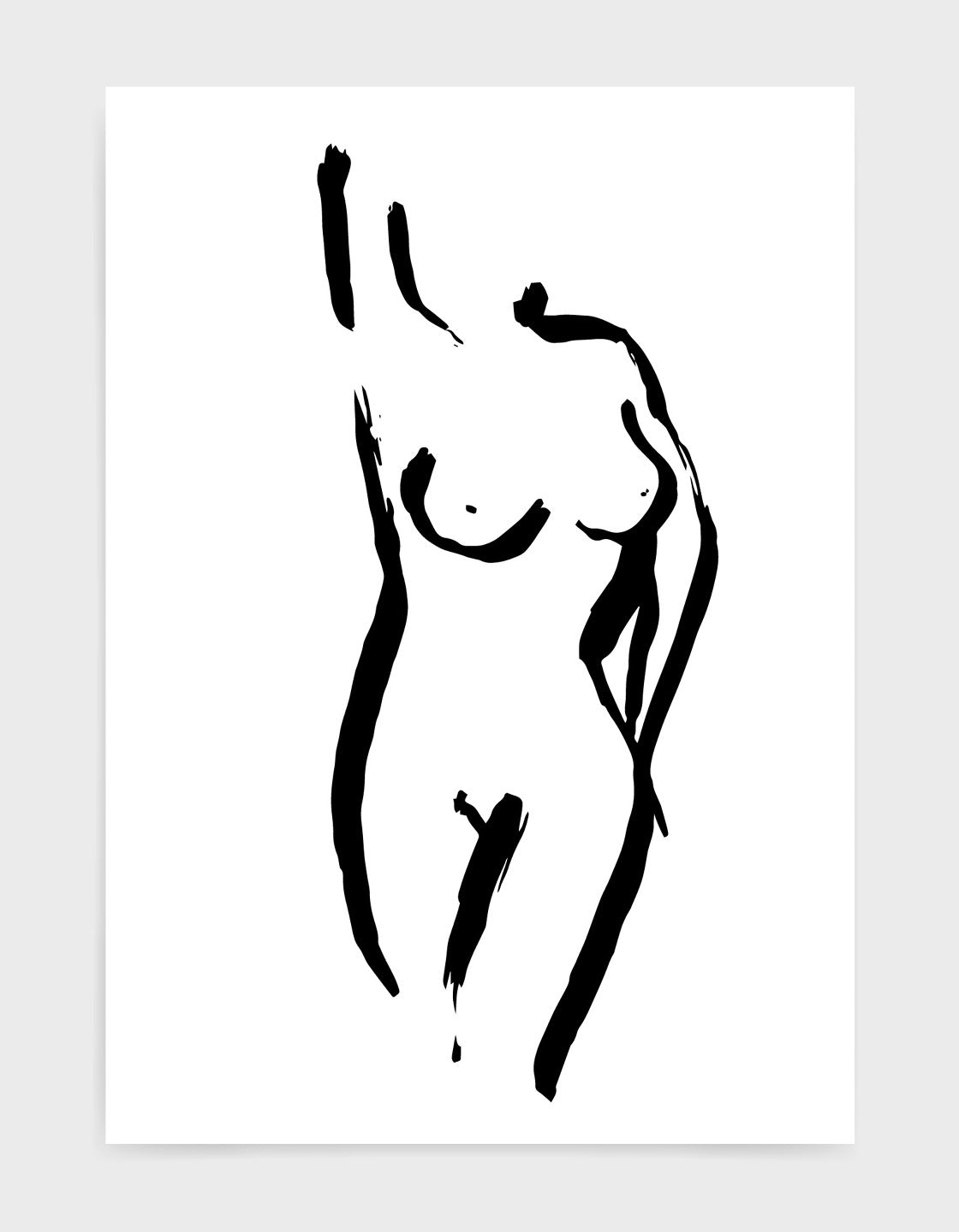black line drawing of a nude woman in a pose with one arm over her head and another on her hip