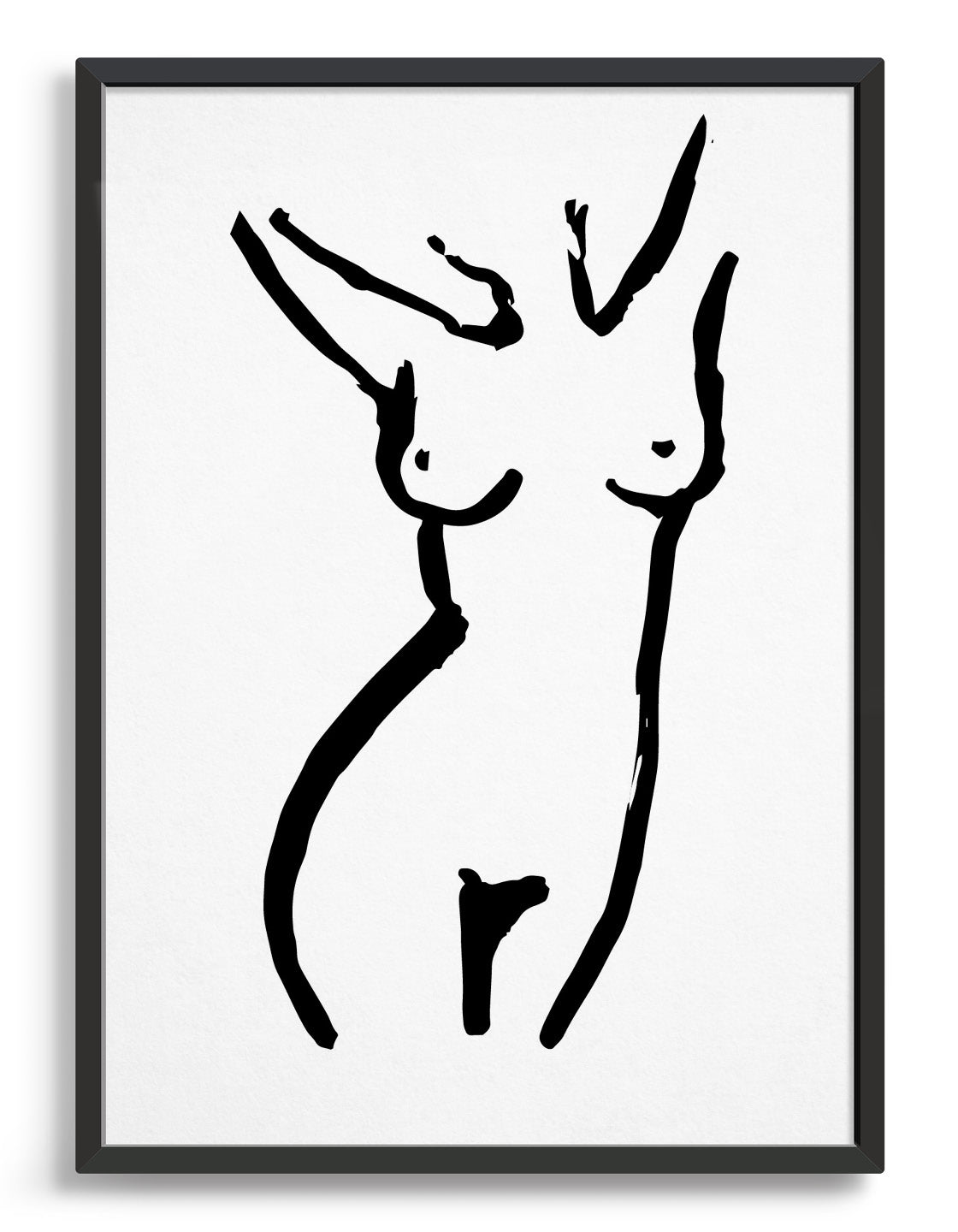Monochrome line drawing of a female nude with hands behind her head