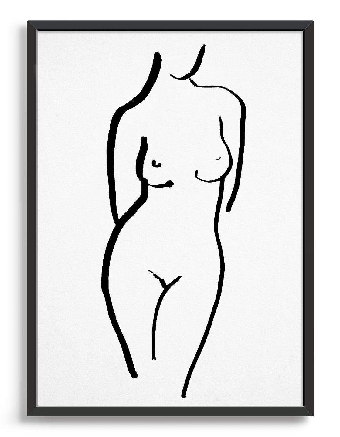Monochrome art print of a female nude form standing with arms behind her back