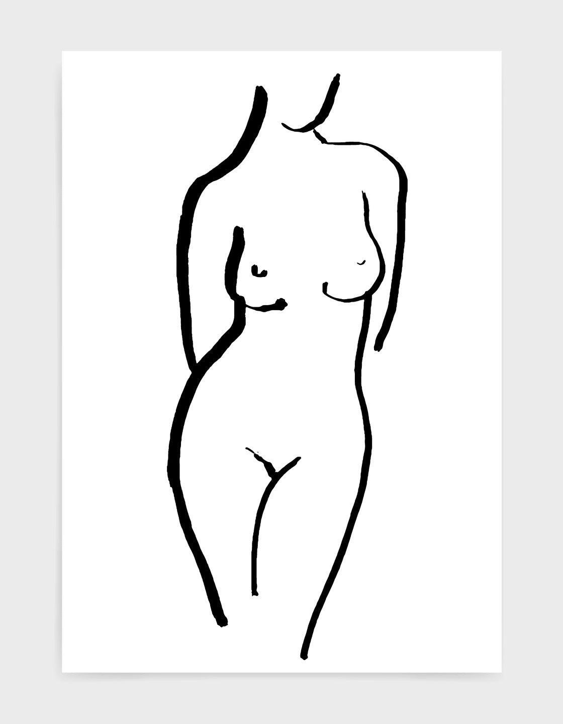 Monochrome art print of a female nude form standing with arms behind her back