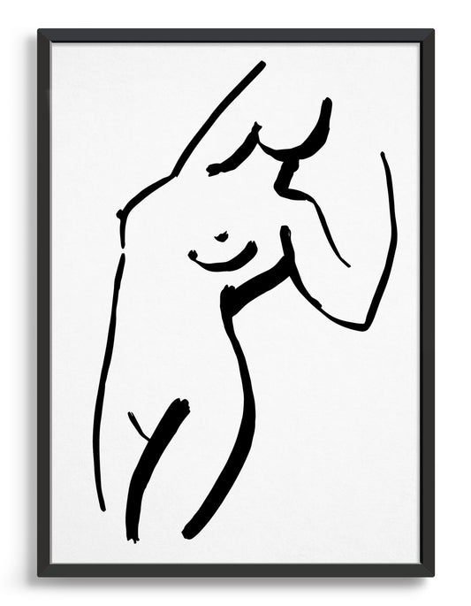 black line drawing of a nude woman reclined against something with arms above her head