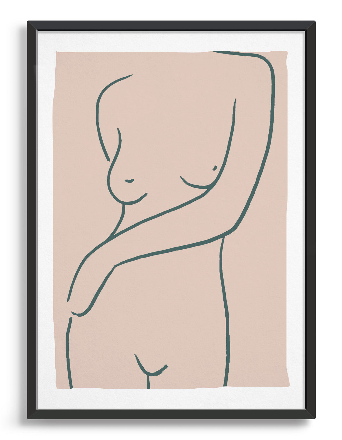 Sensual line drawing of a woman's naked torso with one arm crossed over her body on a pink background