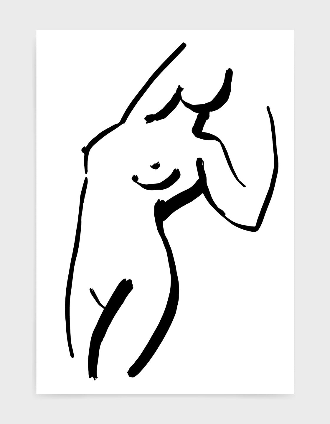 black line drawing of a nude woman reclined against something with arms above her head